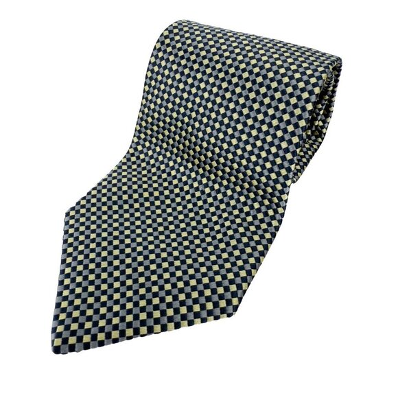 VALENTINO 100% Silk Made in Italy Checked Geometric Gold Gray & Black Tie 54" - Picture 2 of 5